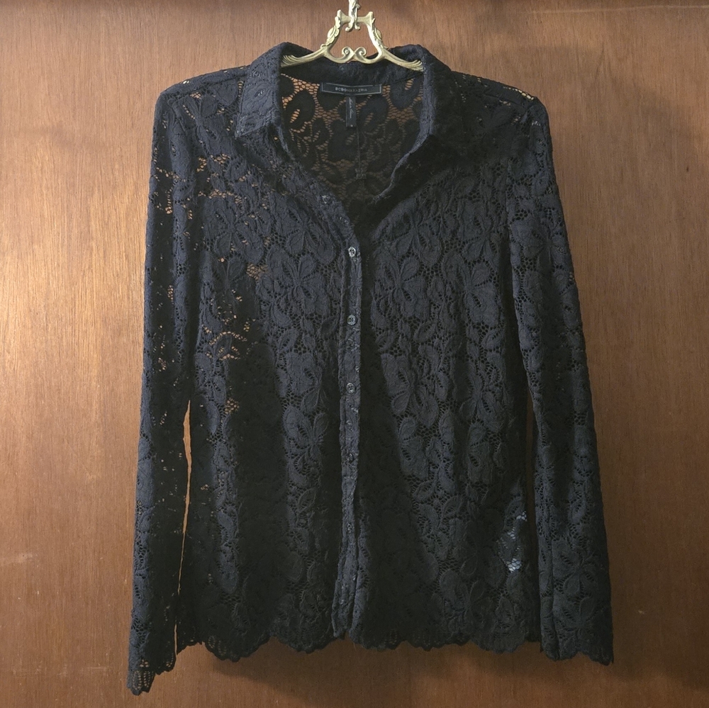 BCBGMaxAzria black lace button down shirt